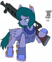 Size: 1700x2048 | Tagged: safe, artist:omegapony16, oc, oc only, oc:oriponi, species:pegasus, species:pony, armor, clothing, female, frown, glare, gun, hoof hold, looking back, mare, no pupils, pegasus oc, raised hoof, rifle, scar, scarf, serious, serious face, simple background, soldier, solo, torn ear, vest, weapon, white background, wings