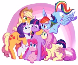 Size: 3809x3203 | Tagged: safe, artist:sirmasterdufel, character:applejack, character:fluttershy, character:pinkie pie, character:rainbow dash, character:rarity, character:twilight sparkle, character:twilight sparkle (alicorn), species:alicorn, species:earth pony, species:pegasus, species:pony, species:unicorn, cute, end of ponies, female, group hug, high res, hug, mane six, mare, one eye closed, prone, smiling