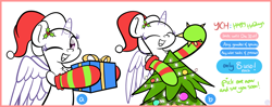 Size: 4017x1586 | Tagged: safe, artist:kimjoman, oc, species:pony, christmas, christmas lights, christmas tree, clothing, commission, eyes closed, female, hat, holiday, looking at you, male, one eye closed, present, santa hat, spread wings, tree, wings, wink, ych sketch, your character here