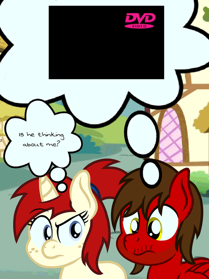 Size: 700x933 | Tagged: safe, artist:toyminator900, oc, oc only, oc:chip, oc:silver draw, species:pegasus, species:pony, species:unicorn, animated, duo, dvd, freckles, gif, thought bubble