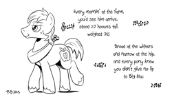 Size: 1200x675 | Tagged: safe, artist:pony-berserker, character:big mcintosh, species:earth pony, species:pony, black and white, grayscale, i can't believe it's not idw, jimmy dean, male, monochrome, music notes, pony-berserker's twitter sketches, signature, simple background, sketch, solo, stallion, white background