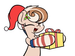 Size: 680x510 | Tagged: safe, artist:kimjoman, oc, oc:cinnamon spangled, species:earth pony, species:pony, christmas, clothing, female, gift box, hat, holiday, holly, looking at you, mare, one eye closed, open mouth, present, ribbon, santa hat, simple background, socks, solo, white background, wink, ych result