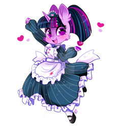 Size: 800x800 | Tagged: safe, artist:ipun, part of a set, character:twilight sparkle, character:twilight sparkle (unicorn), species:anthro, species:pony, species:unguligrade anthro, species:unicorn, alternate hairstyle, apron, arm hooves, breasts, cheek fluff, chestbreasts, clothing, cute, deviantart watermark, dress, ear fluff, female, maid, mare, mary janes, obtrusive watermark, open mouth, part of a series, ponytail, socks, solo, twiabetes, watermark