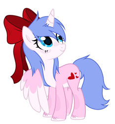 Size: 2445x2620 | Tagged: safe, artist:alfury, artist:lazuli, oc, oc only, oc:rioshi sweet, species:alicorn, species:pony, alicorn oc, blushing, bow, female, hair bow, looking at you, mare, simple background, smiling, solo, unshorn fetlocks, white background