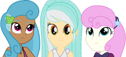 Size: 2370x1071 | Tagged: safe, artist:xebck, edit, character:lemon hearts, character:lyra heartstrings, character:twinkleshine, species:human, episode:life is a runway, g4, my little pony: equestria girls, my little pony:equestria girls, cover image, dark skin, fanfic, fanfic art, fanfic cover, female, frown, human coloration, humanized, light skin, looking at you, photoshop, simple background, smiling, story in the source, transparent background, trio, vector, vector edit