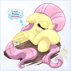 Size: 1010x1000 | Tagged: safe, artist:joakaha, character:fluttershy, species:pegasus, species:pony, christmas, cute, eyes closed, female, floppy ears, holiday, mare, shyabetes, sleeping, solo, thought bubble