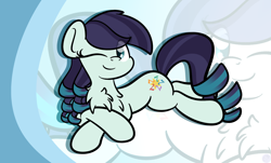 Size: 2048x1236 | Tagged: safe, artist:kimjoman, character:coloratura, species:earth pony, species:pony, chest fluff, colored, eye clipping through hair, female, forelegs crossed, looking at you, lying down, mare, one eye closed, prone, smiling, solo, wink, zoom layer