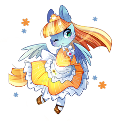 Size: 800x800 | Tagged: safe, artist:ipun, character:helia, species:pegasus, species:pony, chibi, clothing, cute, deviantart watermark, dress, female, heliabetes, maid, mare, obtrusive watermark, one eye closed, semi-anthro, simple background, solo, transparent background, watermark, wink