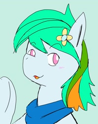 Size: 1626x2048 | Tagged: safe, artist:omegapony16, oc, oc only, oc:hermanus, species:earth pony, species:pony, blushing, bust, earth pony oc, eyebrows, eyebrows visible through hair, female, flower, green background, mare, neckerchief, raised hoof, simple background, smiling, solo, waving