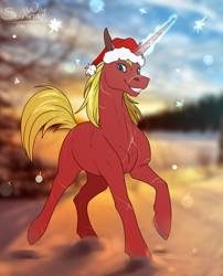 Size: 1000x1238 | Tagged: safe, artist:sunny way, oc, oc only, oc:steel prism, species:pony, species:unicorn, christmas, clothing, cute, forest, hat, holiday, horn, magic, male, new year, red hat, santa hat, scar, scarred, smiley face, smiling, snow, solo, stallion
