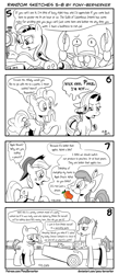 Size: 1320x3035 | Tagged: safe, artist:pony-berserker, character:apple bloom, character:applejack, character:mudbriar, character:pinkie pie, character:rarity, species:crab, species:earth pony, species:pony, species:unicorn, angry, apple sisters, bald, black and white, bow, clothing, comic, crying, dialogue, dishonorapple, duo, eating, facial hair, fake cutie mark, fake moustache, female, filly, foal, food, giant crab, gratuitous french, grayscale, guild of calamitous intent, hat, horror, i can't believe it's not idw, male, mare, monochrome, moustache, nonchalant, partial color, party cannon, pawn shop, pawn stars, peach, ponified, pony-berserker's twitter sketches, puffy cheeks, rarity fighting a giant crab, rick harrison, sewing machine, siblings, signature, simple background, sisters, sketch, smiling, speech bubble, spiked club, stallion, stippling, the venture bros., wall of tags, white background