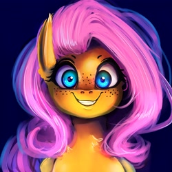 Size: 4096x4096 | Tagged: safe, artist:miokomata, character:fluttershy, species:pegasus, species:pony, adoracreepy, blue background, blushing, bust, chest fluff, creepy, creepy smile, cute, ear fluff, fangs, female, fluffy, folded wings, freckles, freckleshy, grin, looking at you, mare, neck fluff, semi-anthro, shyabetes, simple background, slasher smile, smiling, solo, squee, staring into your soul, wings