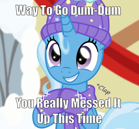 Size: 484x450 | Tagged: safe, artist:evil-dec0y, character:trixie, animated, caption, clapping, cute, diatrixes, female, gif, image macro, it's a working title, meme, sarcasm, solo, text, trixie yells at everything