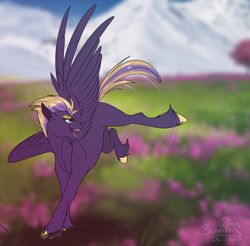 Size: 1016x1000 | Tagged: safe, artist:sunny way, oc, species:pegasus, species:pony, feather, female, flower, fun, happy, mare, mountain, open mouth, solo, wings