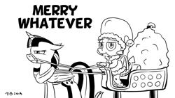 Size: 1200x675 | Tagged: safe, artist:pony-berserker, character:spike, character:twilight sparkle, character:twilight sparkle (alicorn), species:alicorn, species:dragon, species:pony, angry, black and white, bridle, christmas, clothing, costume, female, grayscale, hat, holiday, horse collar, i can't believe it's not idw, male, mare, monochrome, not amused face, pony-berserker's twitter sketches, santa costume, santa hat, santa sack, signature, simple background, sketch, sleigh, smug, tack, white background, winged spike, yoke