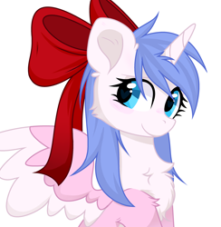 Size: 2908x2980 | Tagged: safe, artist:alfury, artist:lazuli, oc, oc only, oc:rioshi sweet, species:alicorn, species:pony, alicorn oc, blushing, bow, female, hair bow, looking at you, mare, simple background, smiling, solo, unshorn fetlocks, white background