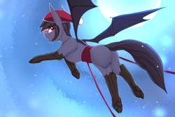 Size: 3600x2400 | Tagged: safe, artist:chapaevv, patreon reward, oc, oc:nyn indigo, christmas, clothing, hat, holiday, male, moon, original species, patreon, santa hat, solo, species swap, timber pony, timber wolf, wings