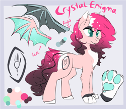 Size: 2690x2326 | Tagged: safe, artist:beardie, oc, oc only, oc:crystal enigma, species:bat pony, species:pony, species:sphinx, bat pony oc, bat wings, mixed breed, paws, reference, robot limbs, robotic wing, shapeshifting, sketch, solo, wings