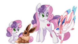 Size: 866x489 | Tagged: safe, artist:loyaldis, character:sweetie belle, species:pony, species:unicorn, crossover, eevee, eeveelution, female, filly, mare, older, older sweetie belle, pokémon, simple background, sylveon, then and now, transparent background, white outline, ych result