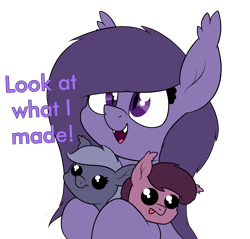 Size: 1700x1628 | Tagged: safe, artist:moonatik, oc, oc only, oc:arlia, oc:pocarona, oc:selenite, parent:oc:arlia, parent:oc:thorium, species:bat pony, species:pony, :t, bat pony oc, blep, brother and sister, colt, cute, dawwww, dialogue, ear tufts, fangs, featured on derpibooru, female, filly, foal, hnnng, holding a pony, i made this, looking up, male, mare, mother and daughter, mother and son, newborn, ocbetes, siblings, simple background, smiling, sweet dreams fuel, tongue out, transparent background, twins, weapons-grade cute