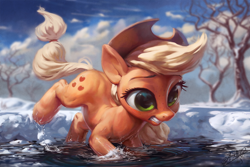 Size: 1200x800 | Tagged: safe, artist:assasinmonkey, character:applejack, species:earth pony, species:pony, clothing, cold, cowboy hat, female, freckles, hat, mare, outdoors, snow, solo, tree, water