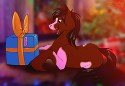 Size: 1459x1000 | Tagged: safe, artist:sunny way, oc, species:earth pony, species:pony, christmas, christmas tree, gift box, happy, holiday, male, new year, open mouth, present, smiling, solo, stallion, tree
