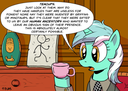 Size: 2047x1447 | Tagged: safe, artist:pony-berserker, character:lyra heartstrings, species:pony, species:unicorn, ancient aliens, chair, clothing, cup, dialogue, giorgio a. tsoukalos, humie, i can't believe it's not idw, necktie, slab, speech bubble, suit, teacup, that pony sure does love humans, vase