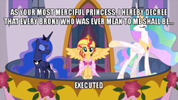 Size: 700x394 | Tagged: safe, artist:xebck, edit, edited screencap, screencap, character:princess celestia, character:princess luna, character:sunset shimmer, species:alicorn, species:pony, episode:magical mystery cure, episode:the last problem, g4, my little pony: friendship is magic, my little pony:equestria girls, alicornified, alternate universe, big crown thingy, caption, clothing, coronation dress, crown, cute, dress, element of magic, female, front, grimcute, implied execution, irony, jewelry, looking at you, mare, race swap, regalia, shimmerbetes, shimmercorn, smiling, tiara, vanellope von schweetz, wreck-it ralph