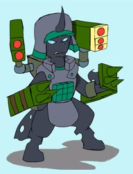Size: 2508x3270 | Tagged: safe, alternate version, artist:omegapony16, oc, oc only, oc:oriponi, species:changeling, armor, bipedal, changeling oc, clothing, colored, curved horn, gun, helmet, horn, missile, soldier, solo, vest, weapon