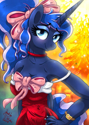 Size: 920x1300 | Tagged: safe, artist:joakaha, character:princess luna, species:anthro, alternate hairstyle, armpits, bare shoulders, bow, breasts, busty princess luna, christmas, cleavage, clothing, cute, dress, female, hair bow, hand on hip, holiday, lidded eyes, looking at you, lunabetes, ponytail, smiling, solo