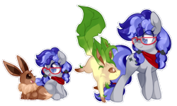 Size: 866x520 | Tagged: safe, artist:loyaldis, oc, oc only, oc:cinnabyte, species:pony, age progression, bandana, crossover, eevee, female, filly, glasses, leafeon, mare, pigtails, pokémon, simple background, sitting, transparent background, twintails, white outline