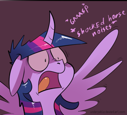 Size: 1193x1077 | Tagged: safe, artist:underpable, edit, character:twilight sparkle, character:twilight sparkle (alicorn), species:alicorn, species:pony, episode:school raze, g4, my little pony: friendship is magic, bust, comic, cropped, curved horn, cute, descriptive noise, female, gasp, horn, horse noises, implied cozy glow, mare, open mouth, reaction image, shocked
