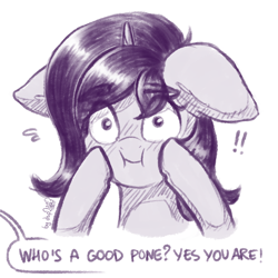 Size: 1024x1024 | Tagged: safe, artist:dsp2003, oc, oc:fizzy pop, species:pony, species:unicorn, blushing, comic, cute, dialogue, exclamation point, female, floppy ears, hnnng, looking at you, mare, monochrome, offscreen character, pone, simple background, single panel, sketch, speech bubble, white background, who's a good pony