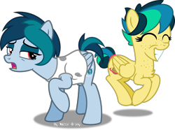 Size: 5474x4082 | Tagged: safe, artist:vector-brony, oc, oc only, oc:apogee, oc:delta vee, species:pegasus, species:pony, absurd resolution, chest fluff, clothing, duo, eyes closed, female, grin, lidded eyes, mother and daughter, open mouth, pegasus oc, raised hoof, shirt, simple background, smiling, transparent background, vector