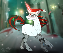Size: 1200x1000 | Tagged: safe, artist:sunny way, oc, oc:blackjack, species:pony, species:unicorn, fallout equestria, fallout equestria: project horizons, augmented, blood, christmas, clothing, hat, holiday, horn, level 2 (project horizons), long horn, magic, new year, red hat, santa hat, solo, town
