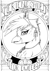 Size: 2394x3416 | Tagged: safe, artist:longinius, character:gilda, species:griffon, bust, crown, dweeb, jewelry, looking at you, monochrome, necklace, portrait, profile view, regalia, scroll, smiling, text, traditional art