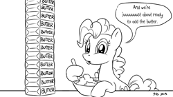 Size: 1200x675 | Tagged: safe, artist:pony-berserker, character:pinkie pie, species:earth pony, species:pony, black and white, bowl, butter, dialogue, female, food, grayscale, i can't believe it's not idw, mane, mare, monochrome, pony-berserker's twitter sketches, signature, simple background, solo, speech bubble, white background