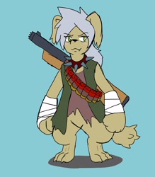 Size: 2508x2858 | Tagged: safe, artist:omegapony16, oc, oc only, species:anthro, species:diamond dog, species:digitigrade anthro, bandage, clothing, diamond dog oc, female, gun, simple background, solo, vest, weapon