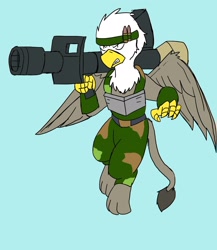 Size: 1777x2048 | Tagged: safe, artist:omegapony16, oc, oc only, oc:oriponi, species:griffon, armor, camouflage, flying, griffon oc, gritted teeth, headband, male, missile launcher, simple background, solo