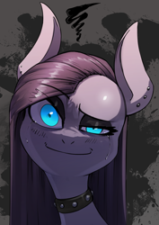 Size: 2480x3508 | Tagged: safe, artist:underpable, character:pinkamena diane pie, character:pinkie pie, species:earth pony, species:pony, black eyeshadow, choker, crazy face, crying, desaturated, dreamworks face, ear piercing, faec, female, glowing eyes, high res, piercing, punkamena, punkie pie, smiling, solo