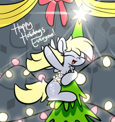Size: 2560x2700 | Tagged: safe, artist:kimjoman, character:derpy hooves, species:pegasus, species:pony, bow, christmas, christmas lights, christmas tree, cute, derpy star, female, holiday, mare, solo, spread wings, text, tree, wings