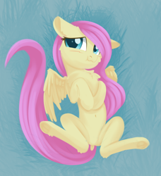 Size: 1312x1440 | Tagged: safe, artist:dusthiel, character:fluttershy, species:pegasus, species:pony, adorasexy, belly button, blushing, cheek fluff, chest fluff, cute, dock, ear fluff, female, floppy ears, frog (hoof), hooves to the chest, leg fluff, looking at you, mare, on back, scrunchy face, sexy, shyabetes, solo, spread legs, spread wings, spreading, underhoof, wings