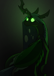 Size: 2480x3508 | Tagged: safe, artist:underpable, character:queen chrysalis, species:changeling, black background, changeling queen, creepy, female, glowing eyes, looking at you, looking back, looking back at you, no pupils, simple background, solo, unnerving stare