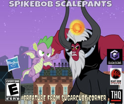 Size: 602x506 | Tagged: safe, artist:cheezedoodle96, artist:punzil504, edit, editor:undeadponysoldier, character:lord tirek, character:spike, species:centaur, species:dragon, series:spikebob scalepants, angry, box art, city, creature from the krusty krab, flying, gamecube, gamecube logo, hasbro, hasbro logo, implied sugarcube corner, macro, magic, male, manehattan, parody, rampage, rated e, spongebob squarepants, thq, thq logo, video game, winged spike