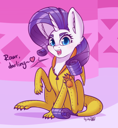Size: 1548x1680 | Tagged: safe, artist:dsp2003, character:rarity, species:pony, species:unicorn, blushing, carousel boutique, clothing, colored pupils, costume, cute, darling, dialogue, female, heart, looking at you, mare, open mouth, rawr, signature, sitting, speech bubble