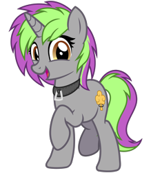 Size: 2800x3200 | Tagged: safe, artist:cheezedoodle96, oc, oc only, oc:frenzy nuke, species:pony, species:unicorn, 2020 community collab, derpibooru community collaboration, .svg available, collar, female, looking at you, mare, raised hoof, simple background, smiling, solo, svg, transparent background, vector