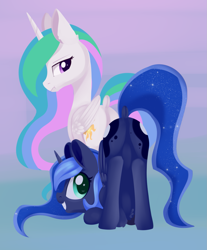 Size: 1497x1809 | Tagged: safe, artist:dusthiel, character:princess celestia, character:princess luna, species:alicorn, species:pony, :t, butt, dock, eclipse, face down ass up, featureless crotch, female, gradient background, grin, looking at you, looking back, looking back at you, mare, moonbutt, plot, rear view, royal sisters, siblings, sisters, smiling, sunbutt