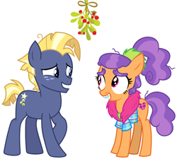 Size: 2098x1888 | Tagged: safe, artist:crimsumic, artist:frownfactory, edit, character:plaid stripes, character:star tracker, christmas, hearth's warming, holiday, looking at each other, mistleholly, romance, romantic, shy, simple background, smiling, starstripes, vector, vector edit, white background, young love