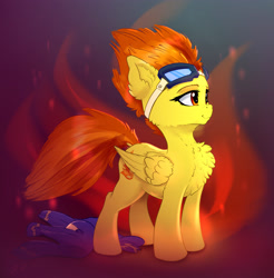 Size: 3161x3217 | Tagged: safe, artist:xbi, character:spitfire, species:pegasus, species:pony, abstract background, chest fluff, clothing, female, mare, solo, uniform, wonderbolts uniform