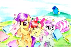 Size: 3543x2322 | Tagged: safe, artist:liaaqila, character:apple bloom, character:scootaloo, character:sweetie belle, species:pegasus, species:pony, adorabloom, cannon, circling stars, commission, cute, cutealoo, cutie mark crusaders, derp, diasweetes, dizzy, everything went better than expected, fluttering, happy, pillow, pony cannonball